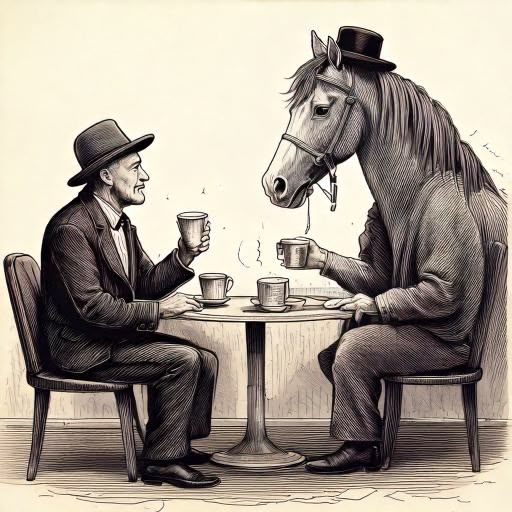 Tekening van man en manpaard die koffie drinken